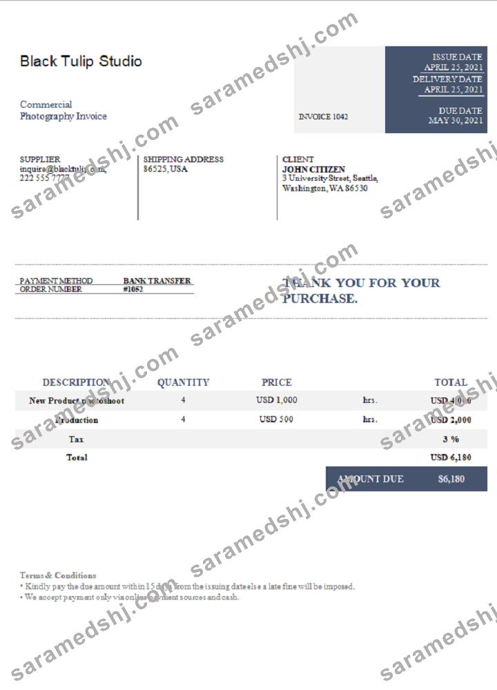 USA Black Tulip Studio invoice